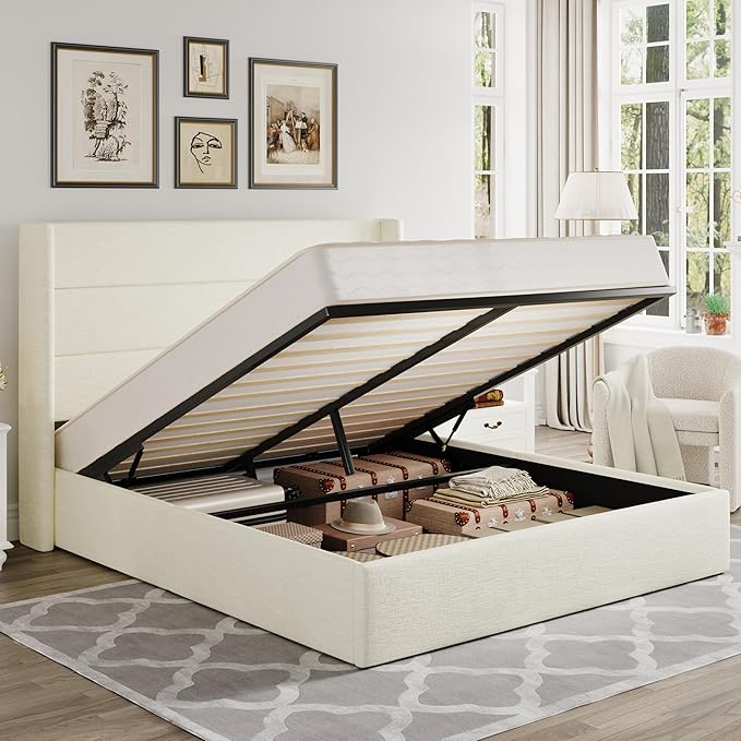 Allewie Full Size Lift Up Storage Bed, Chenille Fabric Upholstered, Modern Wingback Headboard, Hydraulic Support, No Box Spring Needed, Cream White