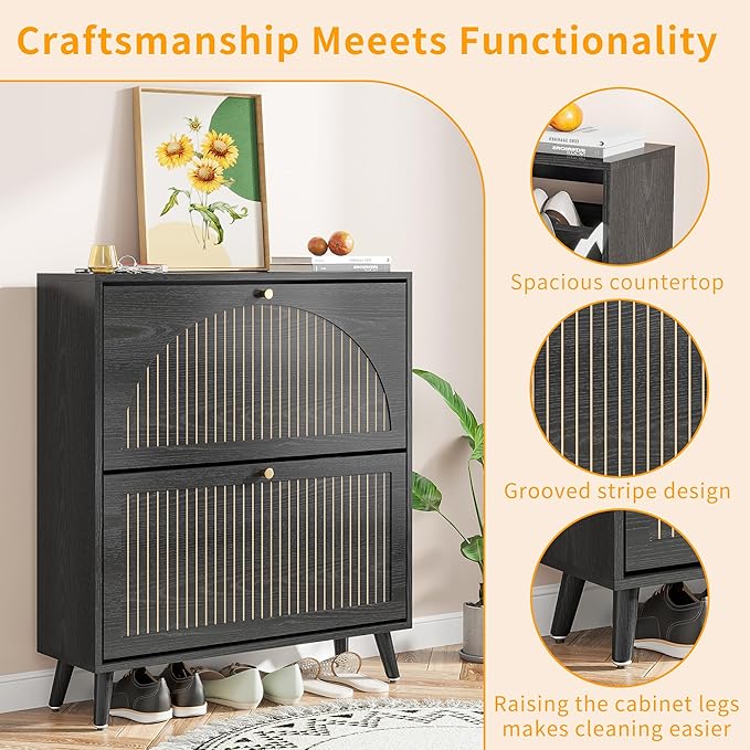 Fsbecl Shoe Storage Cabinet for Entryway with 2 Flip Drawers, Narrow Wood Shoe Cabinet with Fluted Panel, Freestanding Hidden Shoe Organizer for Foyer, Hallway (Black - with Shelf)