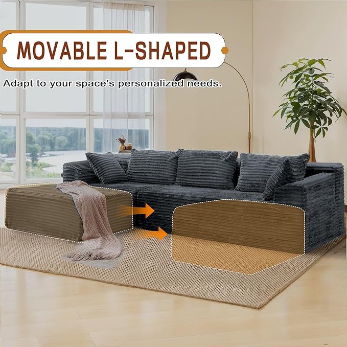 Korser 110" L-Shaped Modular Sectional Sofa with Chaise, Boneless Comfy Corduroy Fluffy Couch with Deep Seat and Side Pockets, Flexible Module Combination for Living Room, No Assembly, Side Pockets