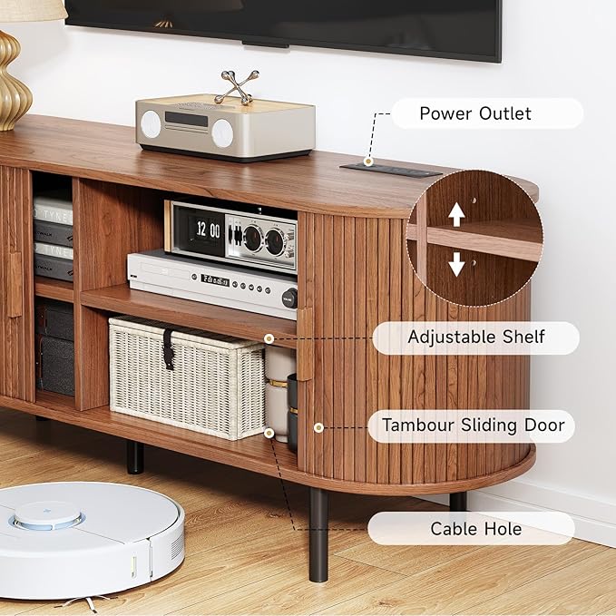 55" TV Stand with Power Outlet, Mid-Century Modern Television Stand, Fluted Media Console with Sliding Doors, Entertainment Center for TVs up to 60 Inch, Adjustable Shelves, Walnut