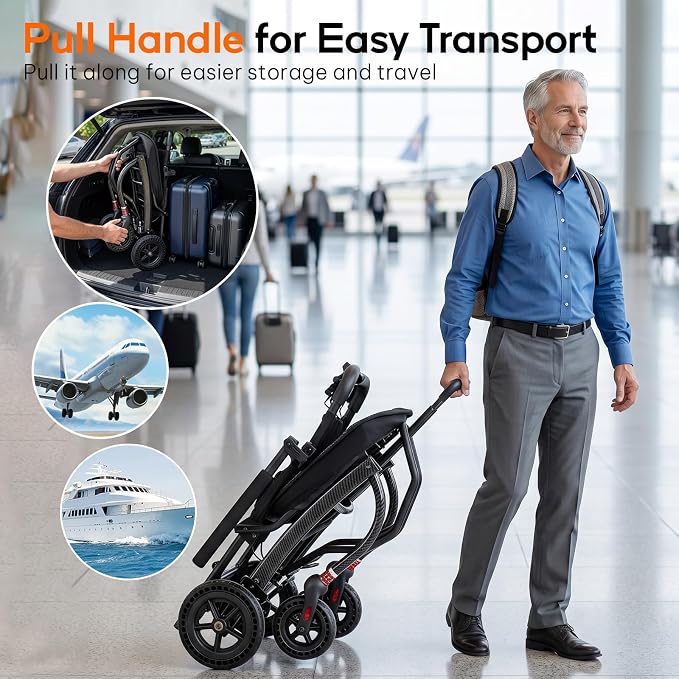 SOFTFISH Transport Wheelchair with Ergonomic Seat & Pull Rod, 1s Foot-fold Wheelchairs for Adults with Foldable Armrest & Footrest, Carbon Fiber Aluminum Frame Travel Transport Chair for Seniors