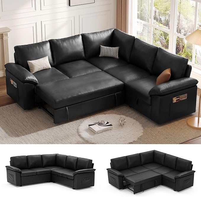 85 Inch Faux Leather Modular Sectional Sofa with Pull Out Bed, L Shaped 5 Seat Sectional Sleeper Sofa with Storage, Sectional Couches for Living Room, Cloud Modular Couch,Black Leather