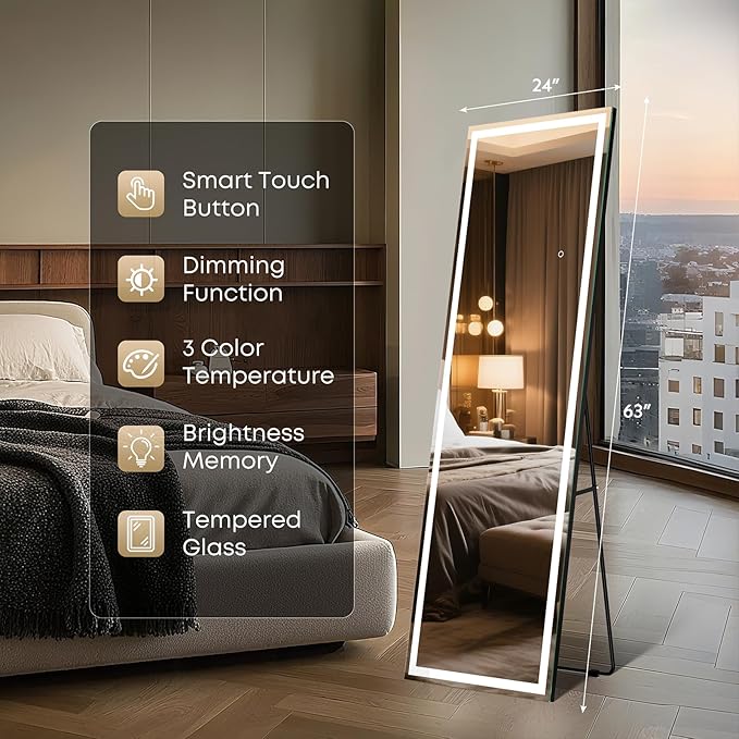 Kosmonia 63x24 Frameless Full Length Mirror, Dimmable 3 Color LED Light w/Memory Function, Distortion Free, HD Reflection & Anti Desilvering, Tempered Glass, Easy Setup w/Stand, Wall/Standing