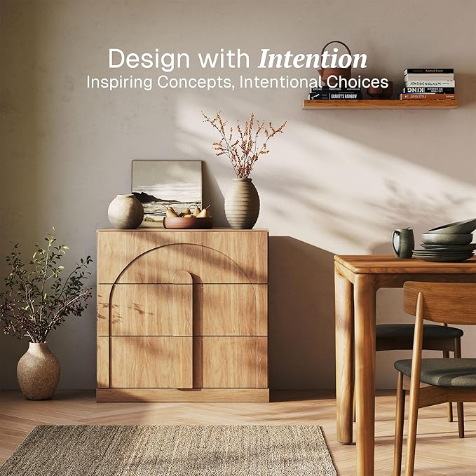 BELLEZE Sideboard Cabinet with 3 Drawers, Modern Wood Buffet Cabinet with Arc Design, Large Fluted Sideboard with Storage for Dining Room Living Room Entryway, Camel
