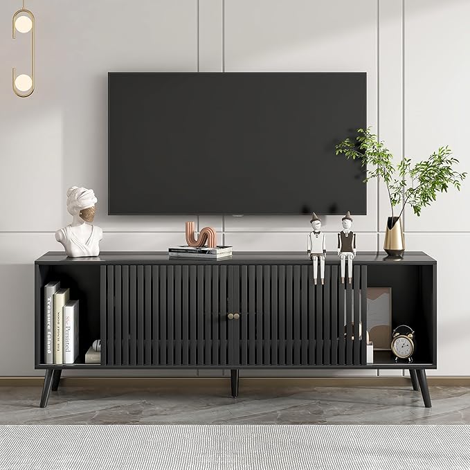 Oubayajia Mid Century Modern TV Stand for Televisions up to 70 Inches, with Sliding Doors and Storage, Television Stands, TV Consoles, Media Consoles for Living Room, 63 Inch (Black)