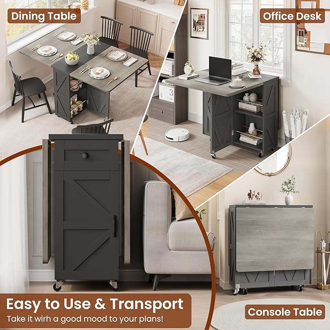 Jocoevol Folding Dining Table for Small Spaces, Space Saving Foldable Kitchen Table with Drawer & Storage Shelf, Rolling Drop Leaf Dining Table with Wheels for Dining Room (Grey 47.2" x 23.6" x 29.5")