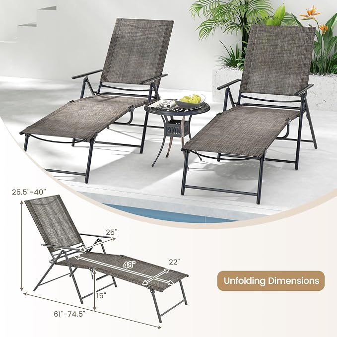 Giantex Lounge Chair Outdoor, Tanning Chair with 6 Adjustable Backrest, 2-Level Footrest, Folding Sunbathing Lounger for Patio, Poolside, Yard, Chaise Lounge Chair, Beach Chair