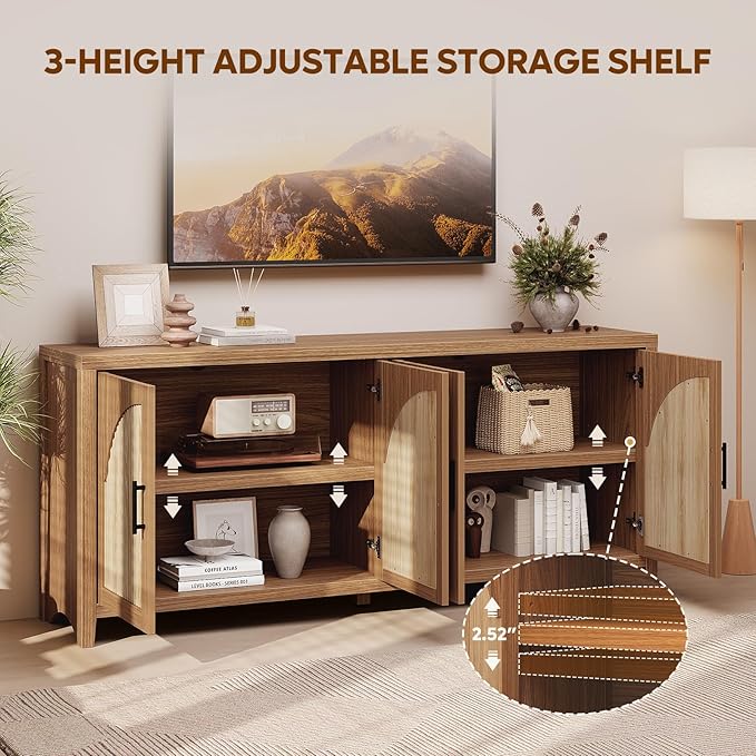 Bestier 70" Sideboard Buffet Cabinet with Storage, Large Modern Storage Credenza with Arch Fluted Doors & Adjustable Shelves, Farmhouse Wood Coffee Bar for Living Room, Kitchen, Entryway, English Oak