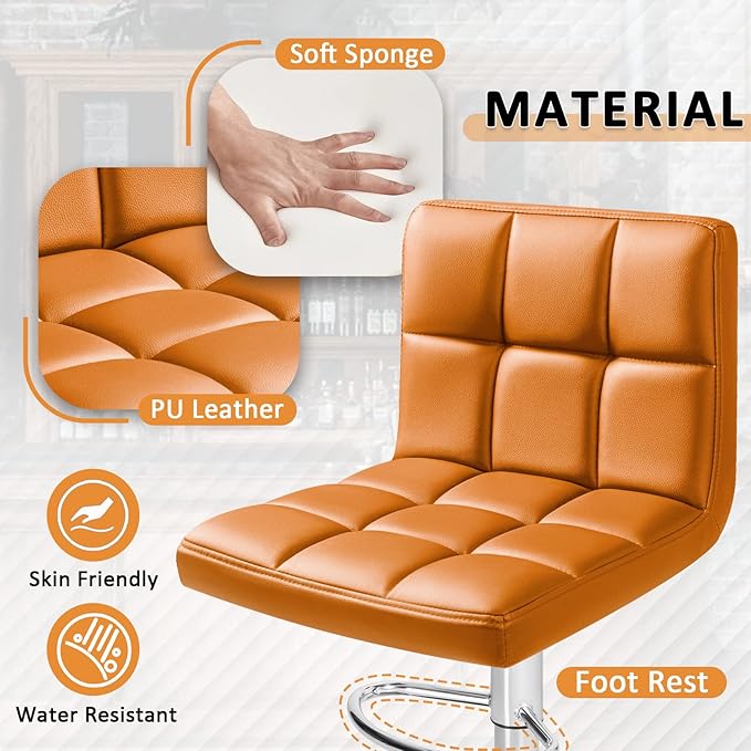 Homall Bar Stools Modern PU Leather Adjustable Swivel Barstools, Armless Hydraulic Kitchen Counter Bar Stool Extra Height Square Island Barstool with Back Set of 2 (Leather, Orange)