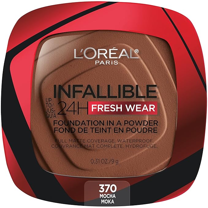 L'Oreal Paris Makeup Infallible Fresh Wear Foundation in a Powder, Up to 24H Wear, Waterproof, Mocha, 0.31 oz. (Packaging May Vary)