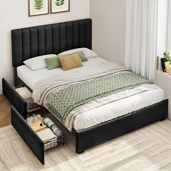 Welzona Bed Frame Queen Size with Storage and Headboard, Velvet Upholstered Metal Platform Corner Bed with Vertical Tufted Headboard, 2 Storage Drawer, 3-Height Level, Noise Free Easy Assembly, Black