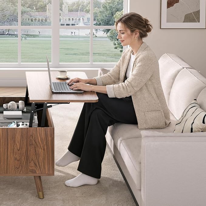 JOINICE 32" Square Lift Top Coffee Table with Storage,Mid Century Modern Walnut Center Table with Rising Desktop for Living Room, Brown Wood Finish