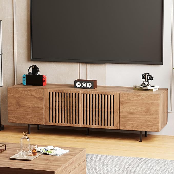70.87" Mid Century Modern TV Stand, Walnut Media Console for 70 Inch TVs, Entertainment Cabinet with 4 Storage Compartments for Living Room or Bedroom