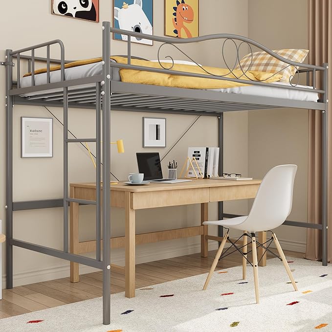 IDEALHOUSE Loft Bed Twin Size with Ladder & Full Safety Guardrail, Heavy Duty Metal Twin Loft Bed 400 Lbs Load Capacity, Space-Saving, Noise Free, No Box Spring Needed, Easy Assembly, Grey