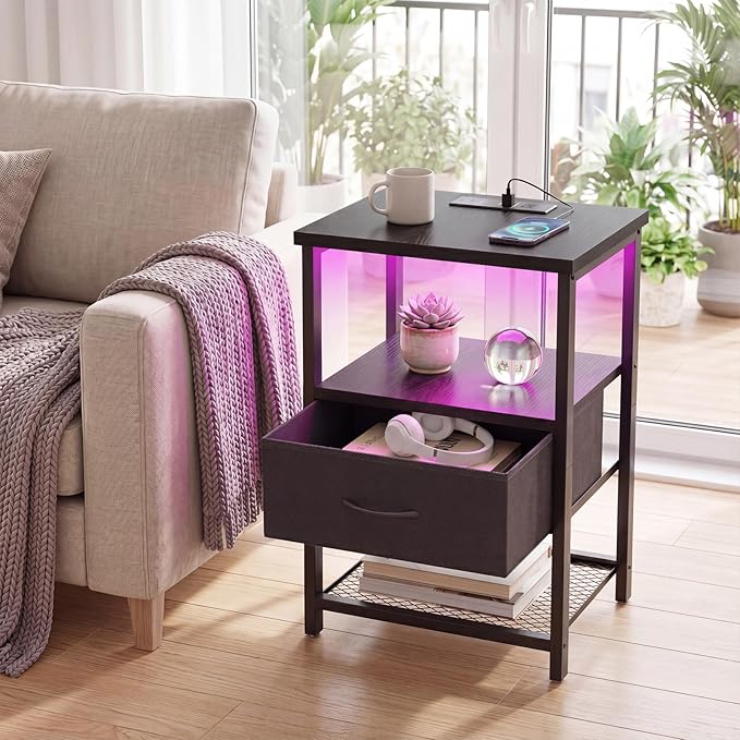 Fixwal Night Stand with Charging Station, LED Nightstand Side Table with Fabric Drawers PU Finish, End Tables Bedroom, Bedside Table, Black