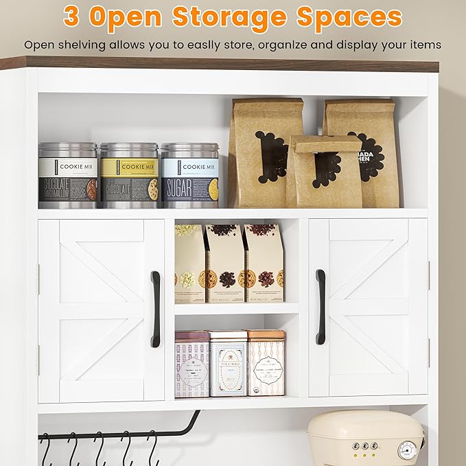 Saudism 70" Tall Farmhouse Kitchen Pantry Cabinet, Wooden Storage Cupboard with Barn Doors, Drawers & Cup Holder, Microwave Stand for Dining Room, White