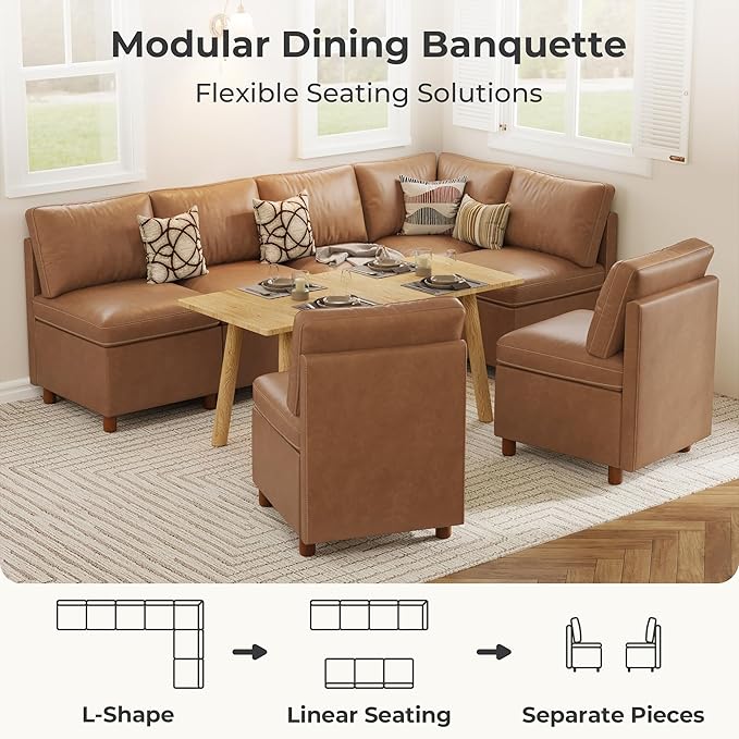SITJOY Breakfast Nook Bench with Storage, Modular Corner Kitchen Banquette Seating, Dining Settee Couch, Upholstered Dining Bench with Back, Pet-Friendly Faux Leather in Brown, 7-Seat L Shaped Nook