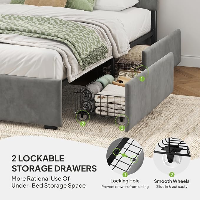 Welzona Queen Size Velvet Bed Frame with 2 Storage Drawers, Fully Upholstered Metal Platform Corner Bed Frame with Vertical Tufted Headboard, 3-Level Height, Easy Assembly, No Box Spring Needed, Grey