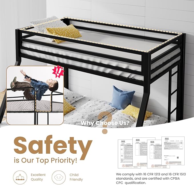 SHA CERLIN Loft Bunk Bed Twin Over Full Size with Ladder and Guardrail,Heavy Duty Metal Slats Support No Box Spring Needed Small Space Saving Furniture for Bedroom Dorm,Black