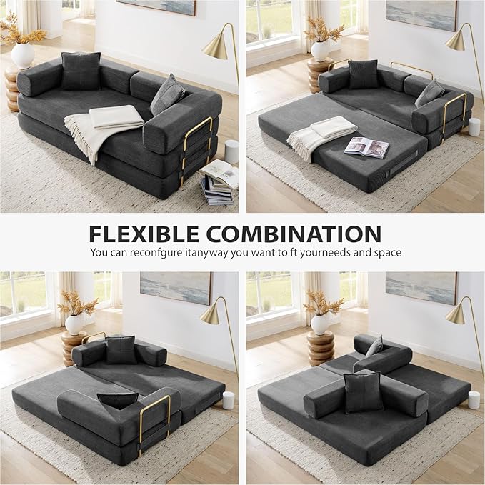 HANXIN Convertible Sleeper Sofa Bed, 78 Inch Folding Floor Mattress Couch with Fixed-Shape Frame, Futon Boneless Couch Lounge Loveseat with Pull Out Bed, No Assembly Required, Grey