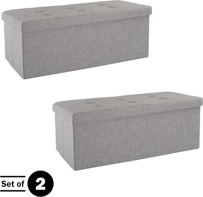 Lavish Home Folding Storage Ottoman - Set of 2 30-Inch Tufted Footrest, Linen Chest, or Bench with Removable Bin for Living Room, Bedroom, or Dorm (Light Gray)