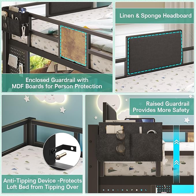 BYSAUD Full Size Loft Bed with Desk and 5 Drawers, Stable Metal Loft Bed Frame with Upholstered Backrest, Stairs, Power Outlet & LED Lights, Noise Free Space-Saving Design, Rustic Brown