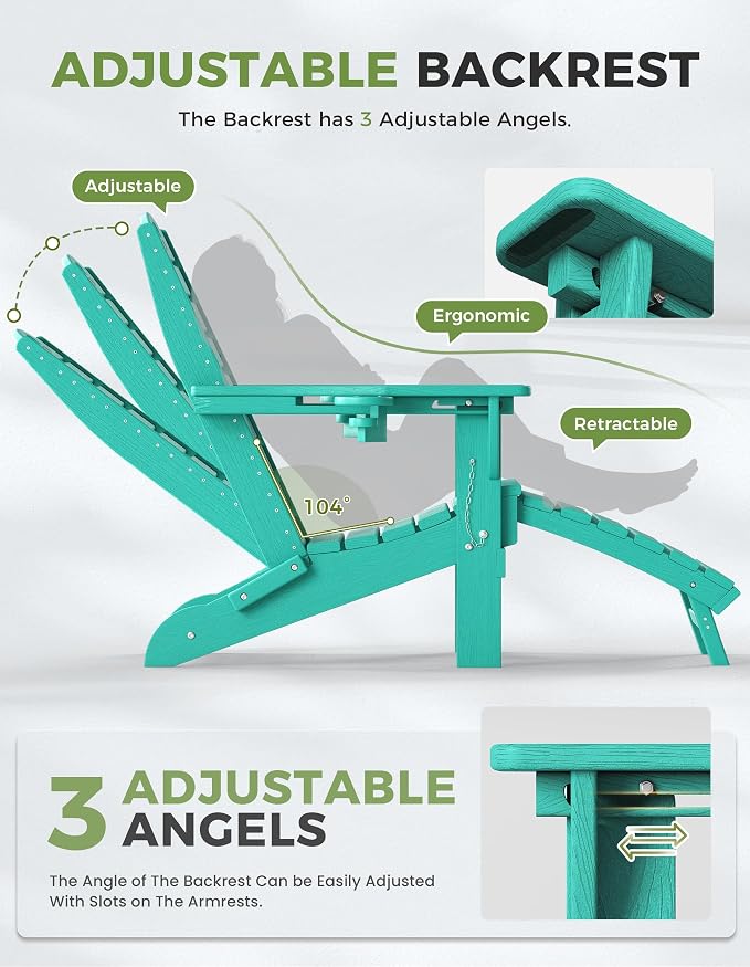 Ciokea Folding Adirondack Chair with Retractable Ottoman Fire Pit Patio Chair with Pull Out Foot Rest Weather Resistant Lawn Outdoor Lounge Chair with 2 Cup Holder (Lake Blue)
