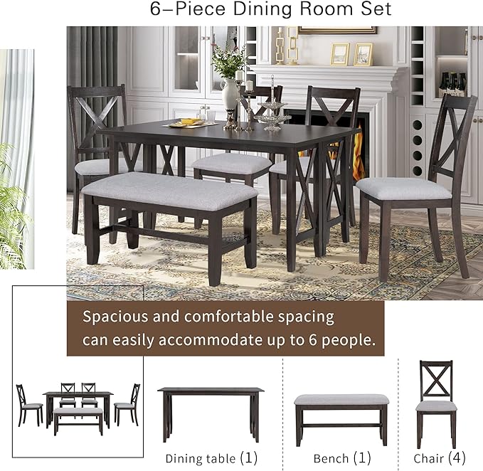 Harper & Bright Designs 6-Piece Family Dining Room Set Solid Wood Space Saving Foldable Table and 4 Chairs with Bench for Dining Room (Espresso)