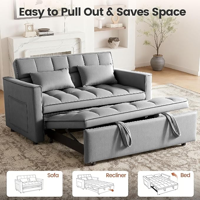 Pull Out Couch, Loveseat Sleeper Sofa Bed with Side Pockets, 3 in 1 Velvet Fabric Convertible Sofa Bed with Adjustable Backrest for Living Room, Bedroom, Apartment, Gray