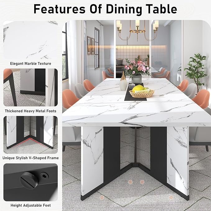 Hlivelood 94Inch Large Dining Table for 8 10 People,Wooden Rectangular Kitchen Table W/Waterproof Tabletop,Large Rectangle Furniture W/Adjustable Legs,White Dinner Table for Kitchen Dining Room(94IN)