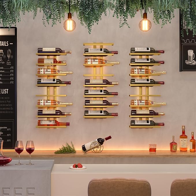 Hoctieon 2-Set 8 Tier Wall Mount Wine Rack (16 Tiers), Wall Racks for Wine Bottles Display and Storage, Hanging Bottle Organizer for Living Room, Dining Room, Wine Cellar, Bar, Gold