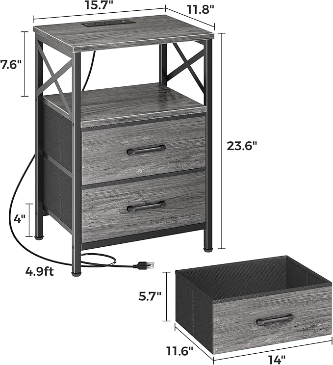 Huuger Nightstands Set of 2, Night Stand with Charger Station, 2 Drawer Side Table with Open Shelf, USB-C Port, End Table for Small Spaces, X Shaped Side Rail, Grey