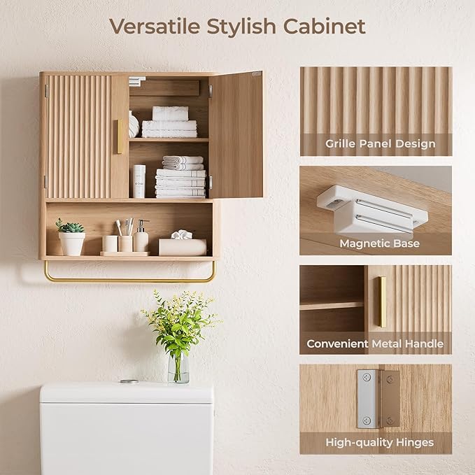 Memobarco Bathroom Wall Cabinet, Medicine Cabinet with Fluted Door & Adjustable Shelf, Over the Toilet Storage Cabinet with Towel Bar, Cabinet Wall Mount for Laundry Room & Kitchen, Wood