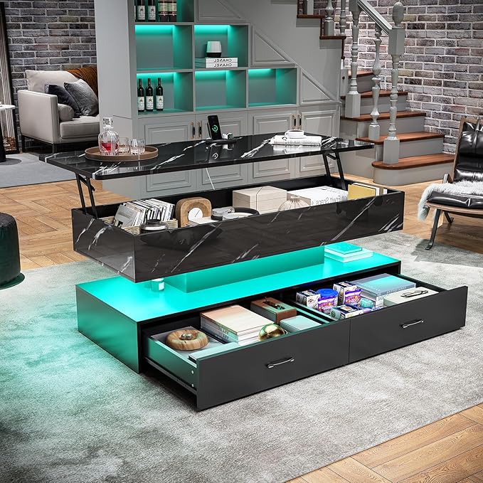 SEDETA 47.2" Lift Top Coffee Table, Coffee Tables with Storage for Living Room, 2 Drawers Coffee Table with Power Outlet & LED Light for Dining Reception Room, High Gloss Black Marble