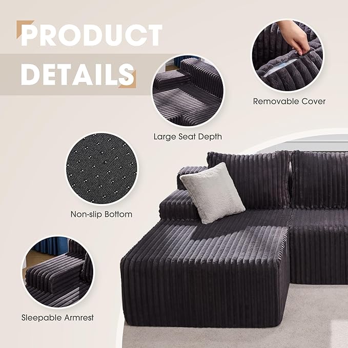 Hobestluk Modular Sectional Sofa Boneless Couch L-Shape Couch 3 Seat Modular Couch Memory Foam Sectional Couches for Living Room Furniture, Cloud Couch with Chaise Lounge (96" Left Facing Chaise)