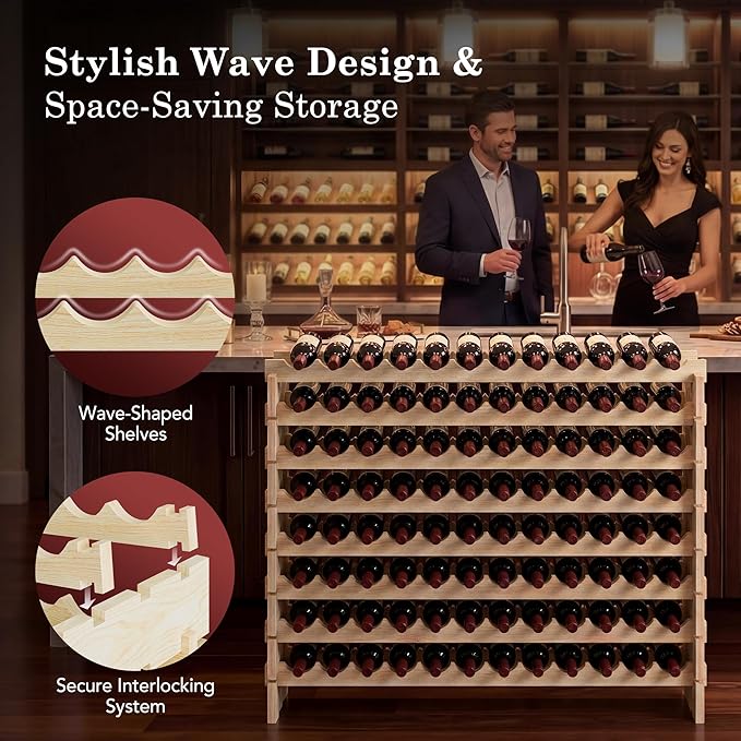 96 Bottles Stackable Modular Wine Rack, 8-Tier Wooden Wine Storage Rack Freestanding Wine Holder Display Shelves, Wobble-Free Shelves, Solid Wood