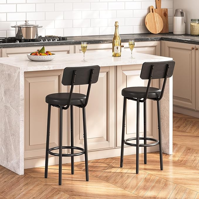 HOOBRO Bar Stools, Set of 2 Bar Stools with PU Upholstered, Bar Chairs with Footrest and Back, 26" Bar Stools for Kitchen Island, Dining Room, Easy to Assemble, Black BK31BY01G2