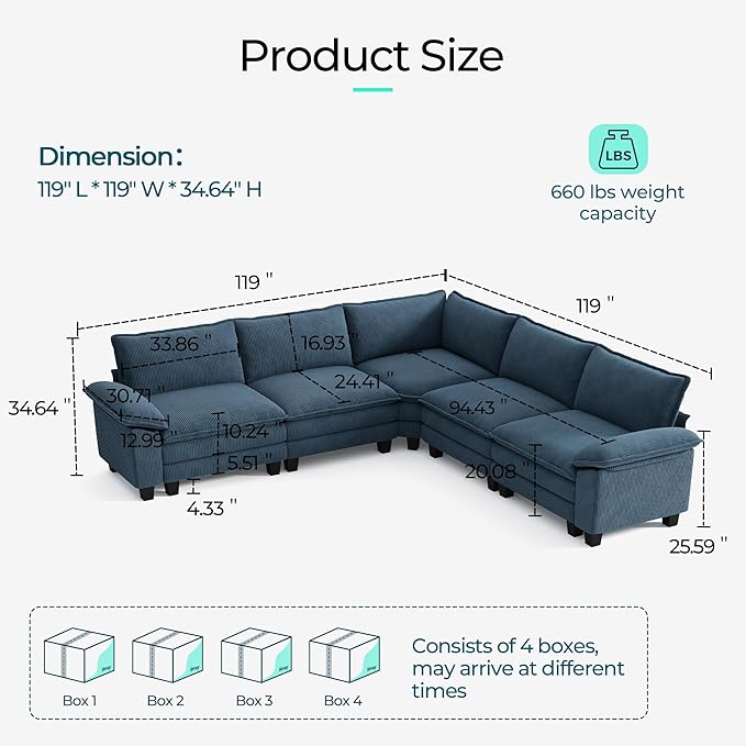 LINSY HOME Modular Sectional Sofa, 5-Seat Corduroy Modern Cloud Couch with Deep Seat, Perfect for Living Room, Office, Bedroom, Blue