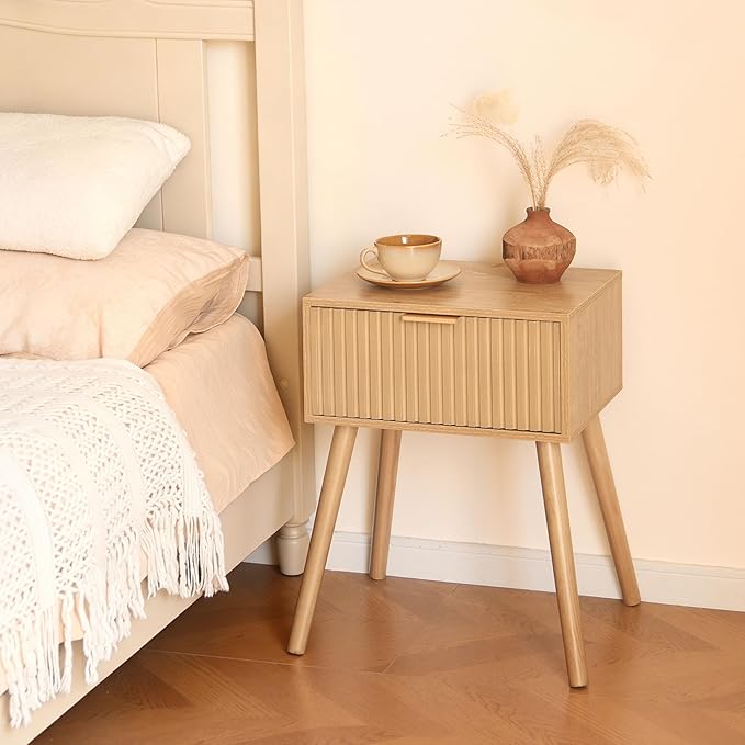 AWASEN Nightstand, Small End Tables Living Room, Accent Bedside Side Table with Fluted Drawer for Bedroom and Small Space, Rustic Walnut