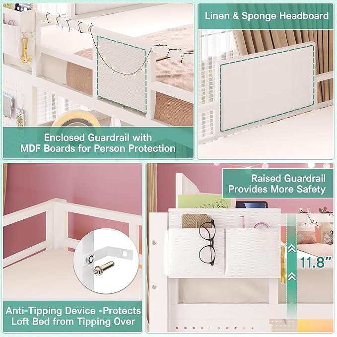 BYSAUD Loft Bed with Desk, Full Size loft Bed, Loft Beds Full Size with Stairs&5 Fabric Storage Drawers,Charging Station&LED Lights,Removable Guard Ladder, Noise Free, No Box Spring Needed (White)