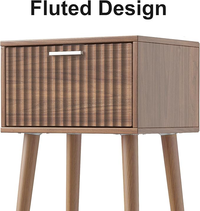 LAATOOREE Nightstands Set of 2, Small Fluted Side Table, Bedside Table with Solid Wood Feet; Modern Mid-Century End Table for Bedroom, Small Space