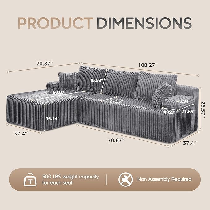 Hobestluk Modular Sectional Sofa Boneless Couch L-Shape Couch 3 Seat Modular Couch Memory Foam Sectional Couches for Living Room Furniture, Cloud Couch with Oversized Chaise (108" Left Facing Chaise)