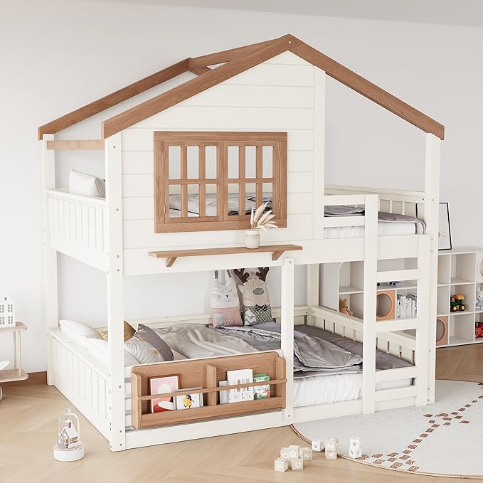Full Size House Bunk Bed Frame with Storage Bookshelf, Window, Wooden Floor Bunk Bed with Fences, Space Saving for Kids Adults, No Noise, Beige