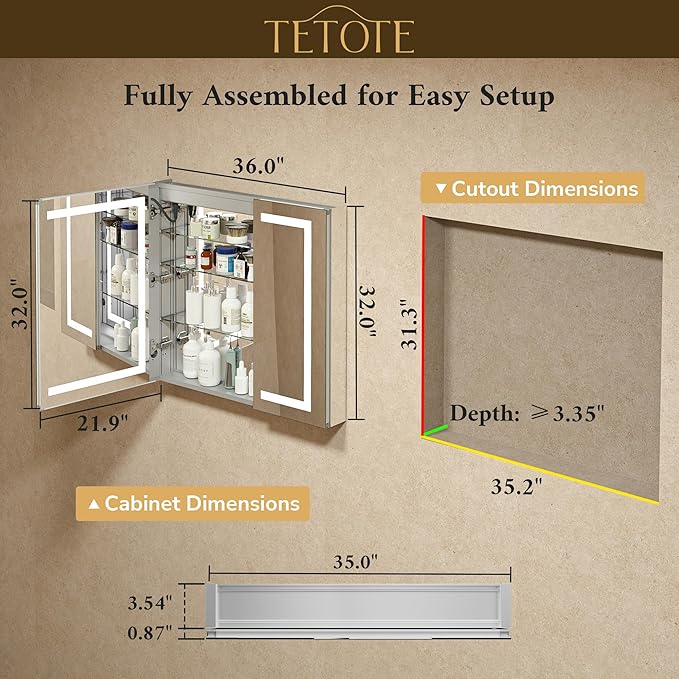 TETOTE 36 x 32 LED Lighted Bathroom Medicine Cabinet with Lights, 2 Door Recessed or Surface Mount Led Mirrored Medicine Cabinet, Tempered Glass, Outlets & USB, Adjustable Shelf, 3-Color Lights