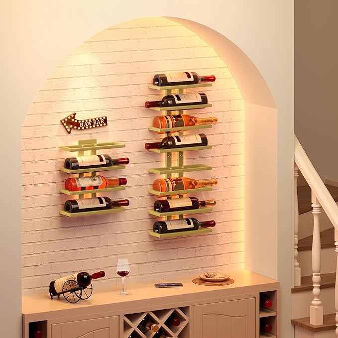 Hoctieon 2-Set 8 Tier Wall Mount Wine Rack (16 Tiers), Wall Racks for Wine Bottles Display and Storage, Hanging Bottle Organizer for Living Room, Dining Room, Wine Cellar, Bar, Quartz Green