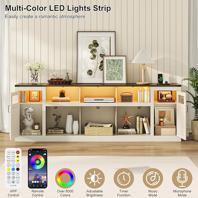 chartustriable Farmhouse TV Stand for 100 Inch TV,95" Entertainment Center w/LED Light,Large Media Console Cabinet w/Rustic Barn Doors,Power Outlets,Adjustable Shelves for Living Room,White