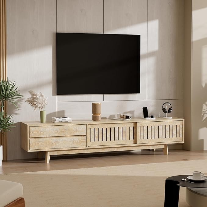 TV Stand for up to 85 Inch TVs, 78.7" Entertainment Center with Storage & Power Outlet, Mid Century Modern Media Console w Drawers and Sliding Door, Television Stands for Living Room, Natural