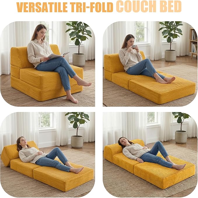 Kasunpul Folding Sofa Bed with Pillow, Memory Foam Fold Out Chair Bed, Convertible Sleeper Chair with Washable Cover, Futon Floor Couch for Living Room/Dorm/Guest Use/Home Office/Apartment,Orange