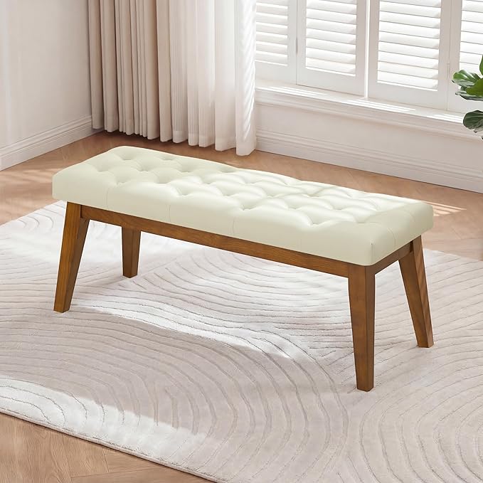 43.5" Upholstered Bedroom Bench, Faux Leather Entryway Bench with Solid Wood Legs, End of Bed Bench with Cushion, Tufted Button Dining Bench for Living Room, Bedroom, Hallway, Beige