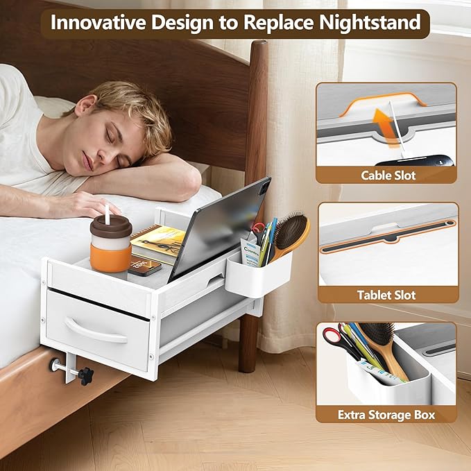 2 Tier Bedside Shelf for Dorm Bunk Bed, Under Mattress Bedside Shelf Clip On Nightstand with Fabric Drawer, Bed Side Table Tray Organizer, Bedside Tray with Cable Management, Back to School (white)